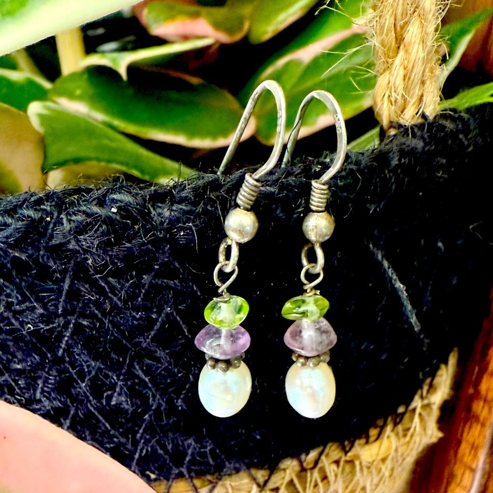 925 Sterling Silver and Gemstone Earrings peridot amethyst pearl boho dangle new